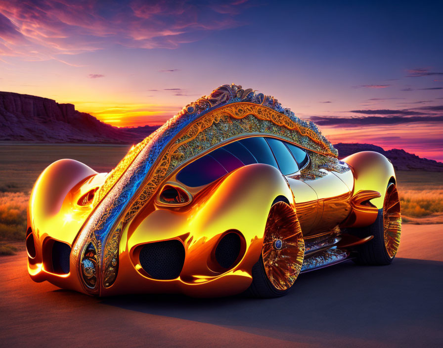 Stylized golden car with intricate designs in desert sunset