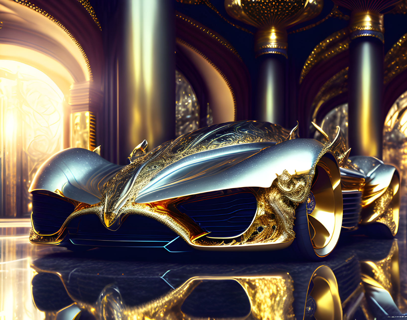 Luxurious Hall with Futuristic Silver and Gold Vehicle