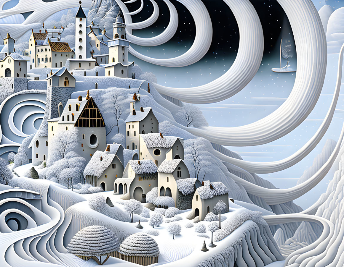 Snow-covered winter village nestled among swirling hills under a night sky with ringed planets