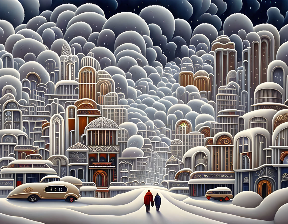 Snowy cityscape with stylized buildings, figures, vintage cars, and starry sky