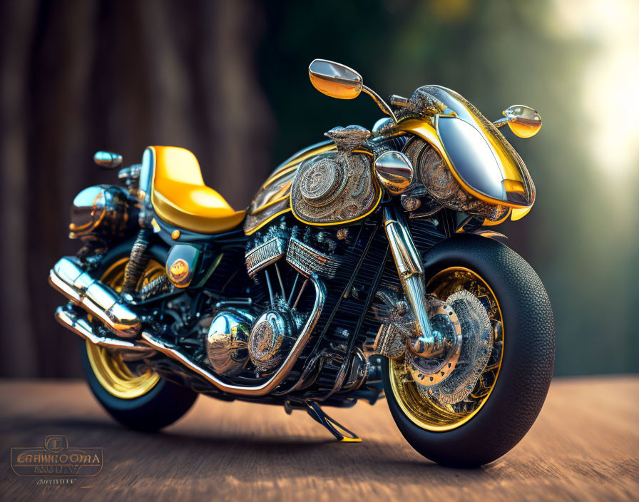 Intricate Brass-Detailed Steampunk Motorcycle on Wooden Surface