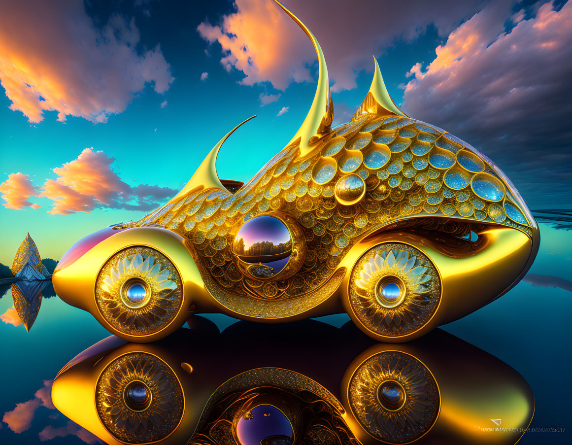 Golden fish-shaped vehicle with intricate scales and fins on vibrant sky