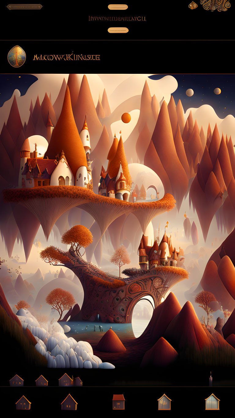 Fantasy landscape with floating castles and multiple moons