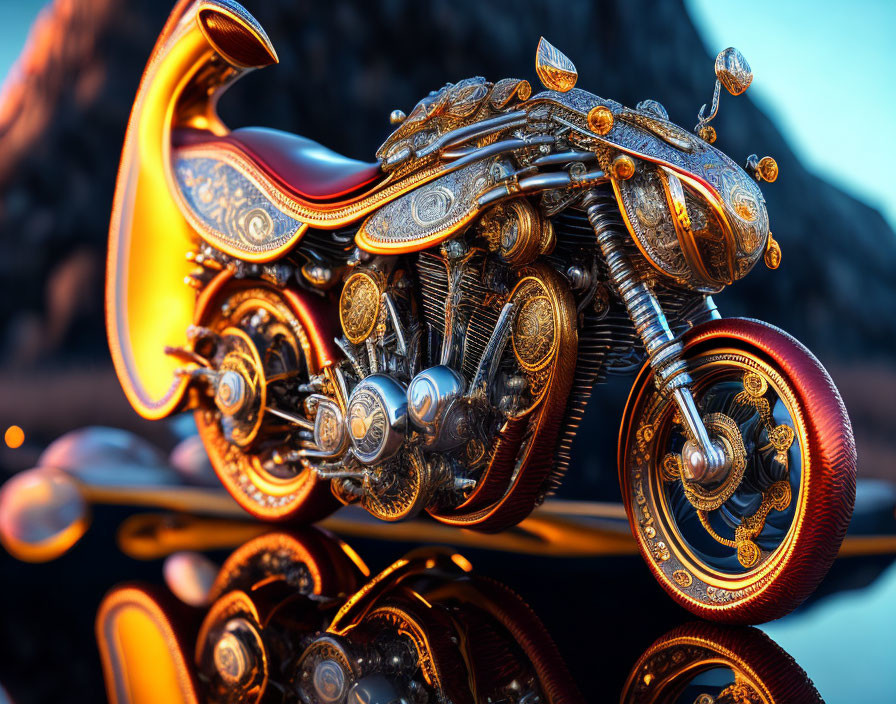 Steampunk-Inspired Motorcycle with Golden Details and Mechanical Components