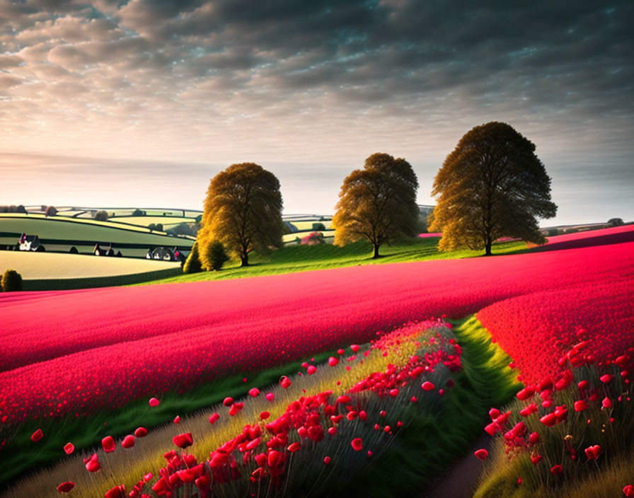 Vibrant red poppies in lush green field at sunrise or sunset