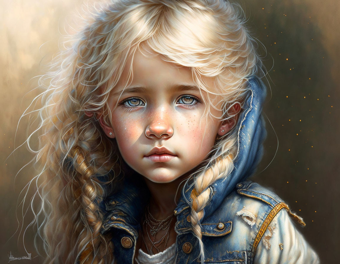 Young girl with blue eyes and blonde braided hair in denim jacket, showing contemplative expression