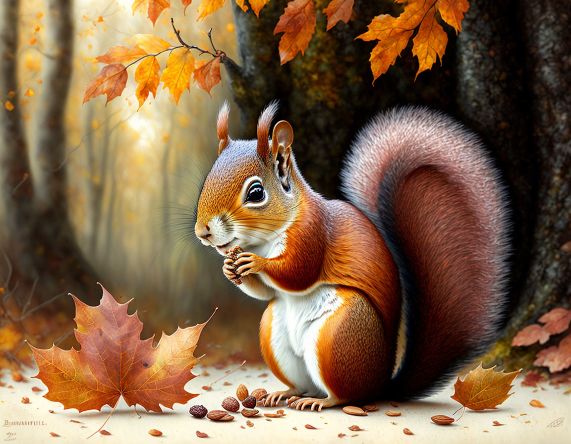 Colorful Red Squirrel with Autumn Leaves and Nuts