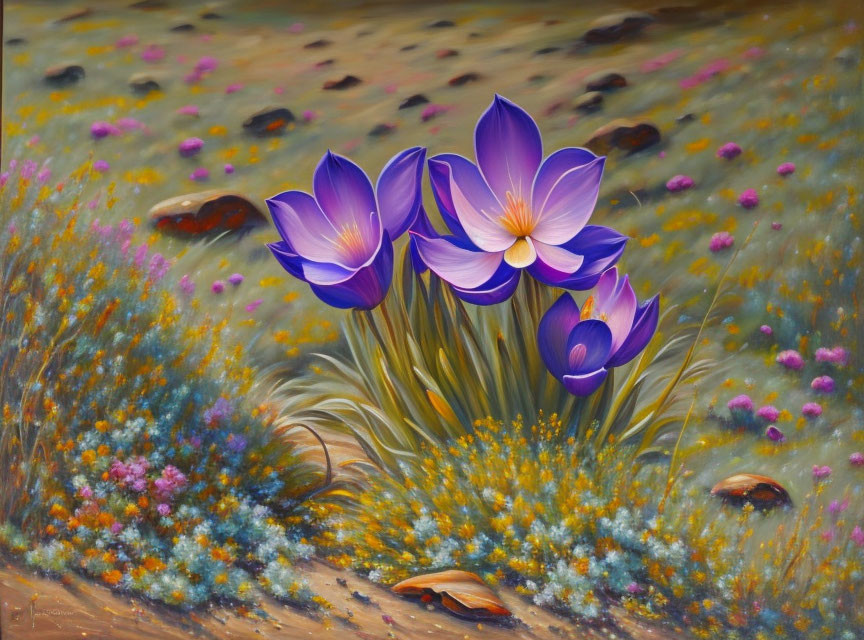 Three Vibrant Purple Crocus Flowers in Colorful Meadow