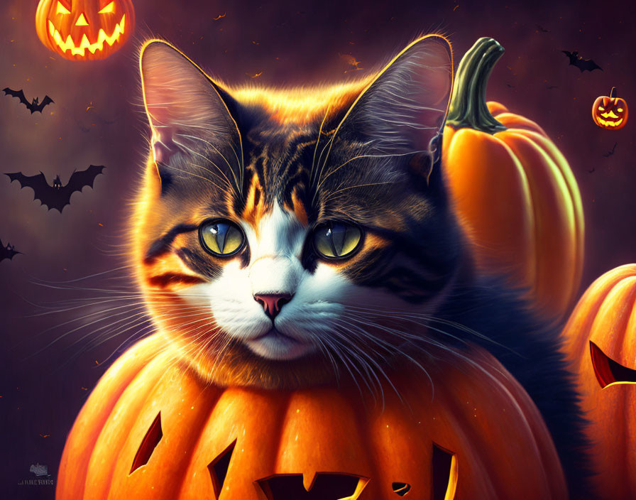 Realistic cat with pumpkin body surrounded by jack-o'-lanterns and bats on Halloween background