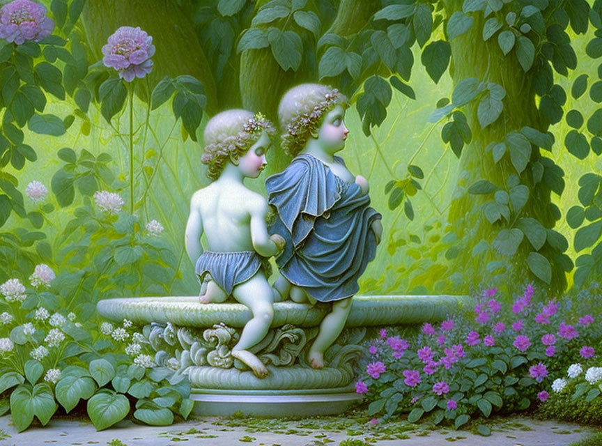 Cherubic statues with floral crowns on stone bench in lush garden