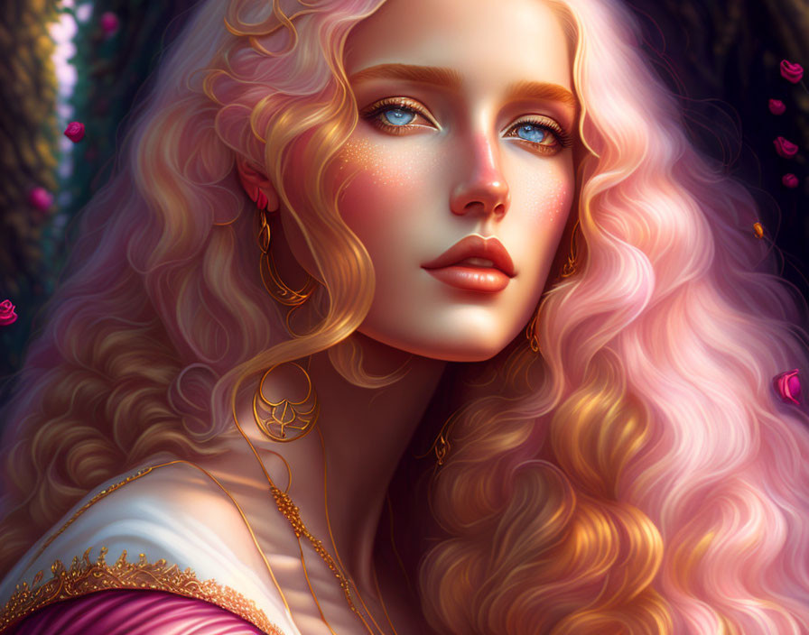 Blonde woman digital art with blue eyes and gold jewelry surrounded by pink flowers and butterflies