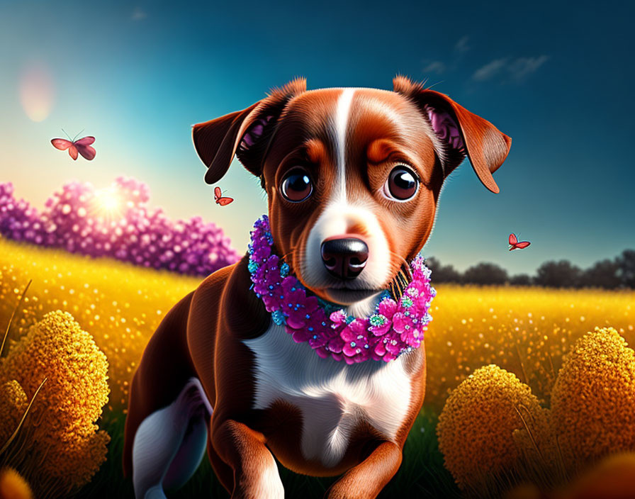 Brown and White Puppy in Floral Collar in Vibrant Field with Yellow Flowers and Butterflies