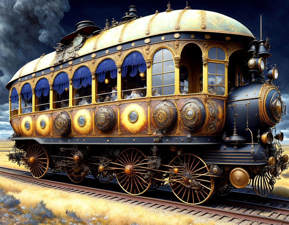 Intricate Gold-Detailed Steampunk Train on Cloudy Sky Background