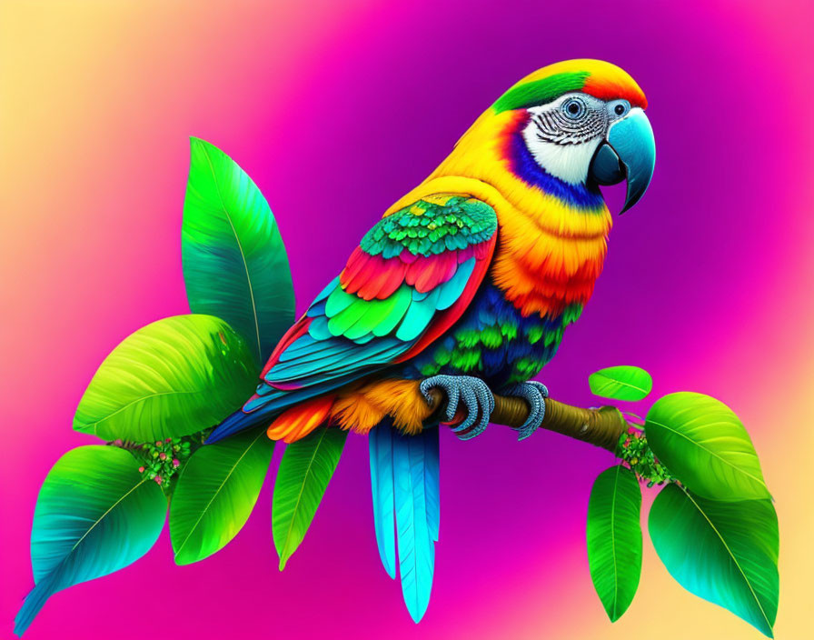 Colorful Parrot Perched on Branch with Green Leaves on Gradient Background