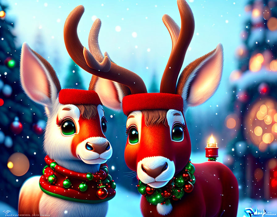 Animated reindeer with festive decorations in snowy Christmas scene