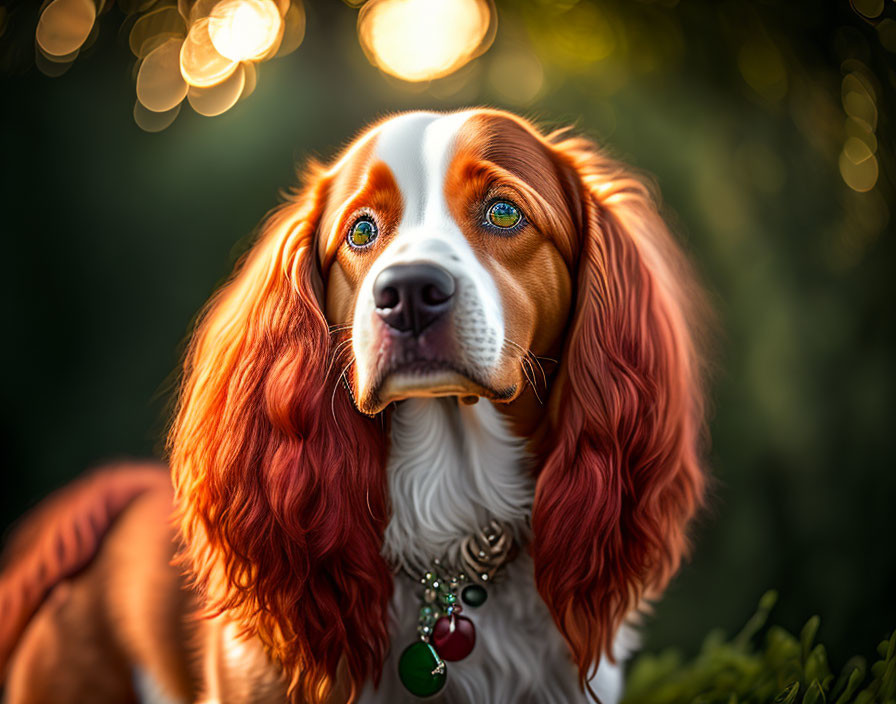 Red and White Spaniel with Amber Eyes and Tags in Bokeh Lights