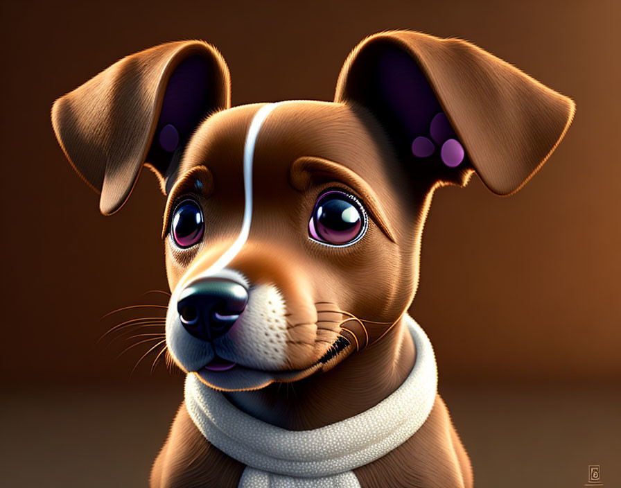 Detailed Cartoon Dog Illustration with Big Eyes and White Scarf