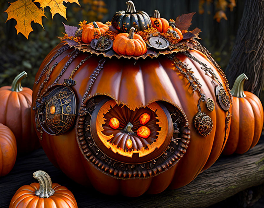 Elaborate Carved Pumpkin with Smaller Pumpkin Inside