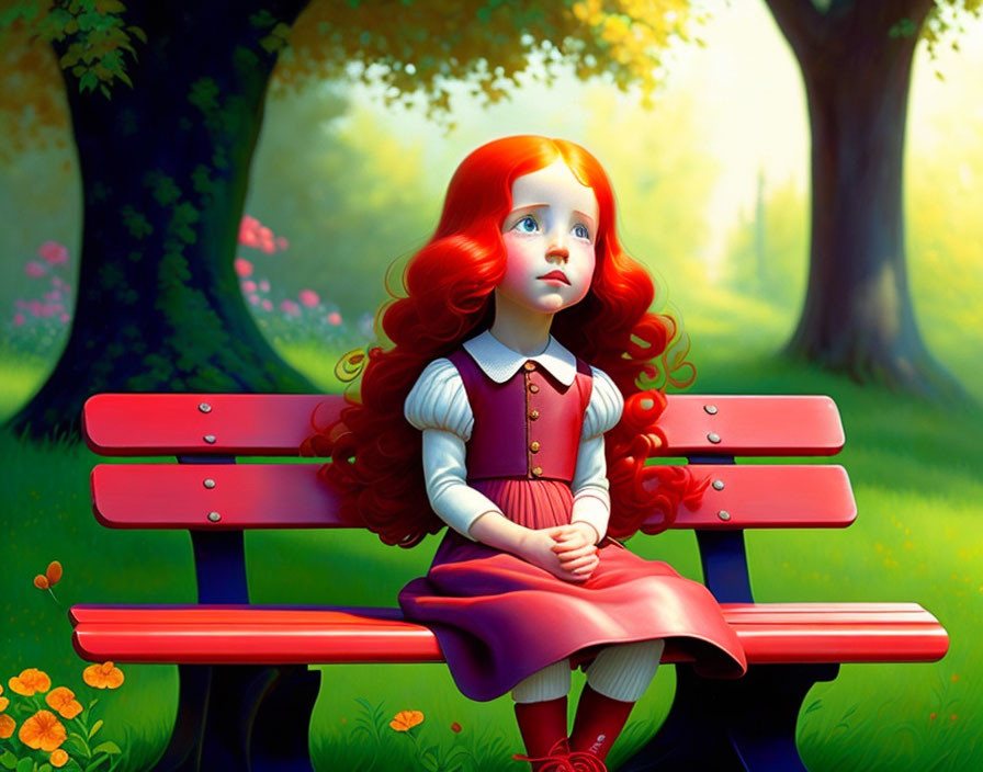 Vibrant digital artwork: young girl with red hair on red bench in sunlit park