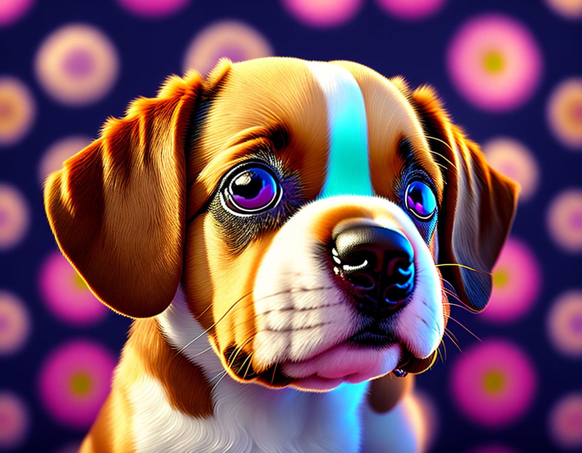 Colorful wide-eyed puppy digital illustration with whimsical flower background