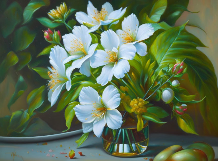 Realistic painting of vibrant white flowers with yellow centers and green leaves in clear vase.