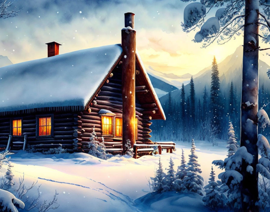 Snowy landscape with cozy log cabin and glowing windows