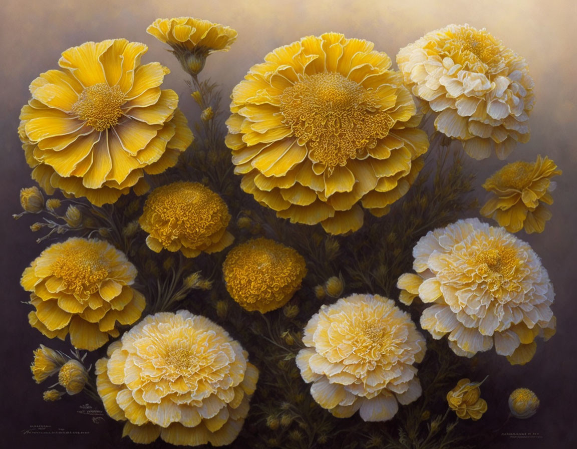 Vibrant yellow marigold flowers on a soft brown background