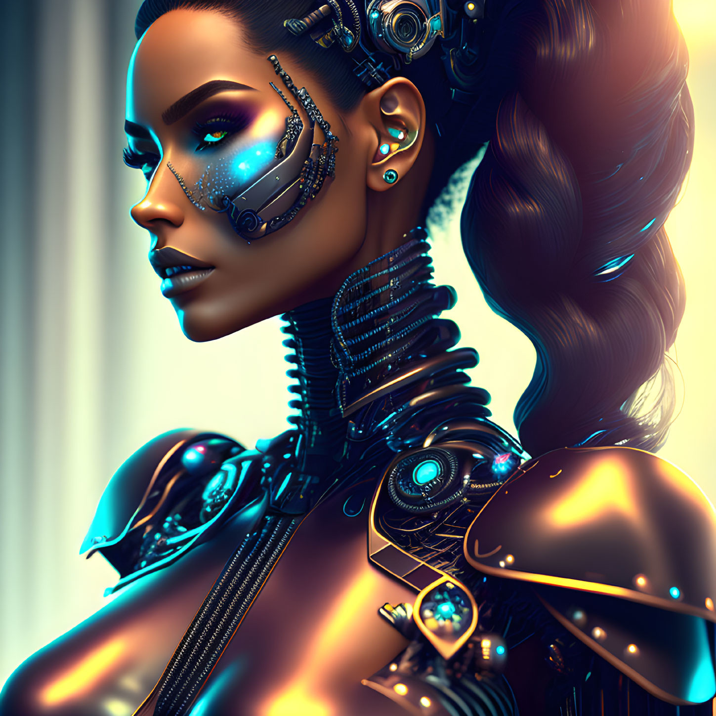 Female cyborg with intricate mechanical details and glowing blue elements on soft blue background