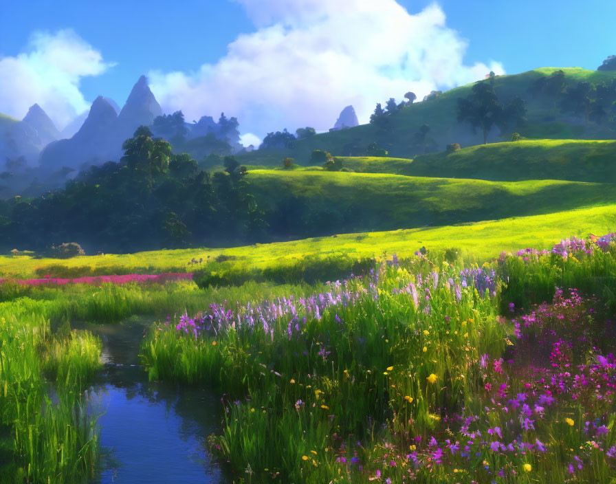 Scenic landscape: wildflowers, stream, rolling hills, distant mountains