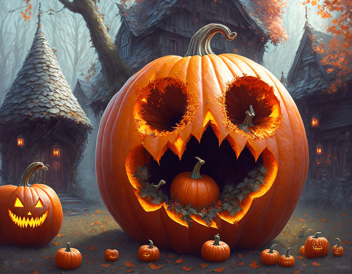 Spooky Halloween-themed illustration with carved pumpkins in a creepy forest