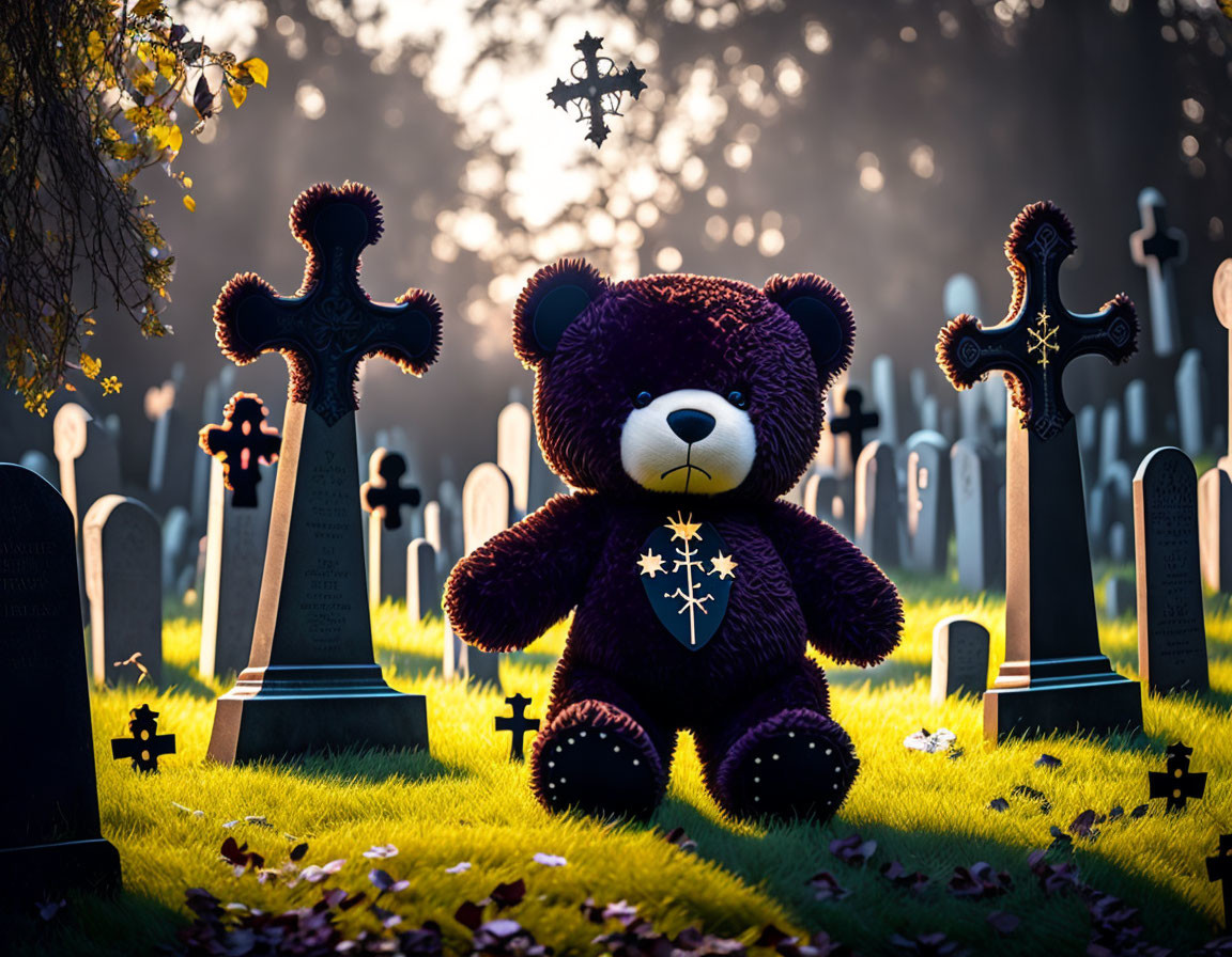 Plush teddy bear in cemetery with sunlight filtering through trees