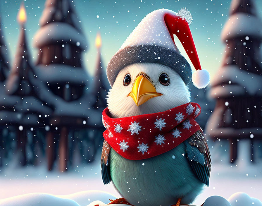 Cartoon bird wearing Santa hat and scarf in snowy winter scene