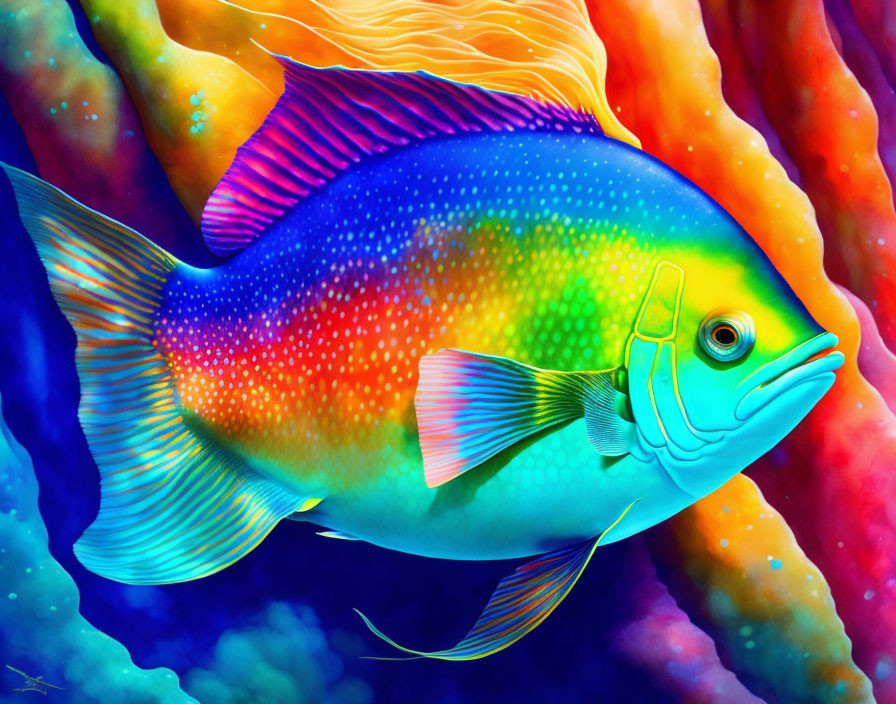 Colorful Rainbow Fish Swimming in Psychedelic Background