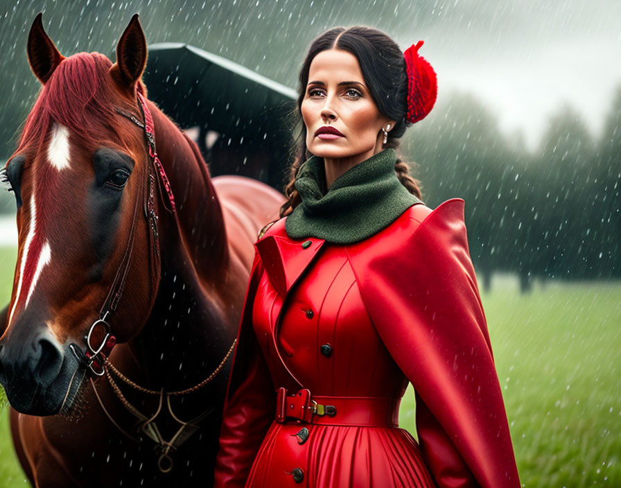 Woman in red dress with brown horse in rainy weather