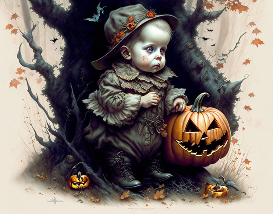 Toddler in Halloween costume with pumpkin in autumn setting