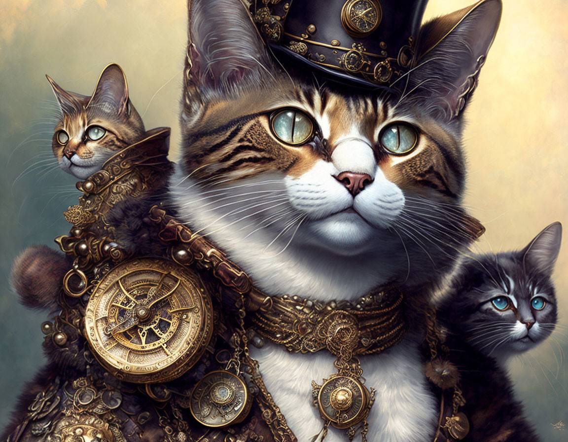 Three Steampunk Cats in Brass Goggles and Gears