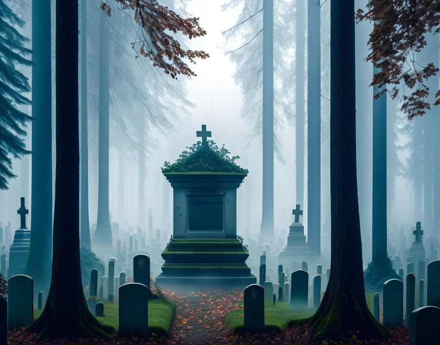 Foggy cemetery with tombstones, crypt, and cross in silhouette landscape