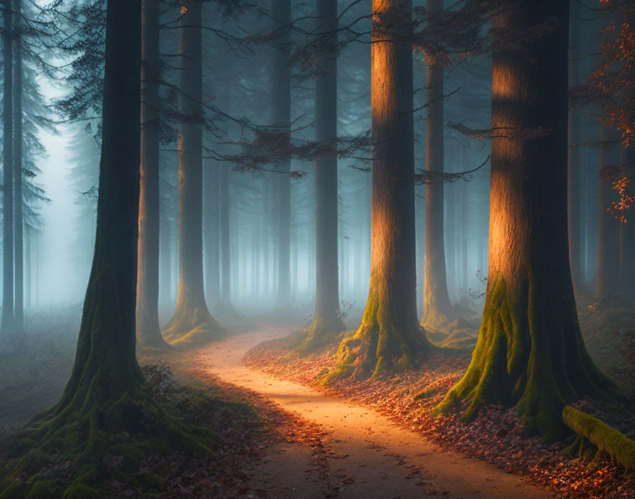 Misty forest path with sunlight through moss-covered trees