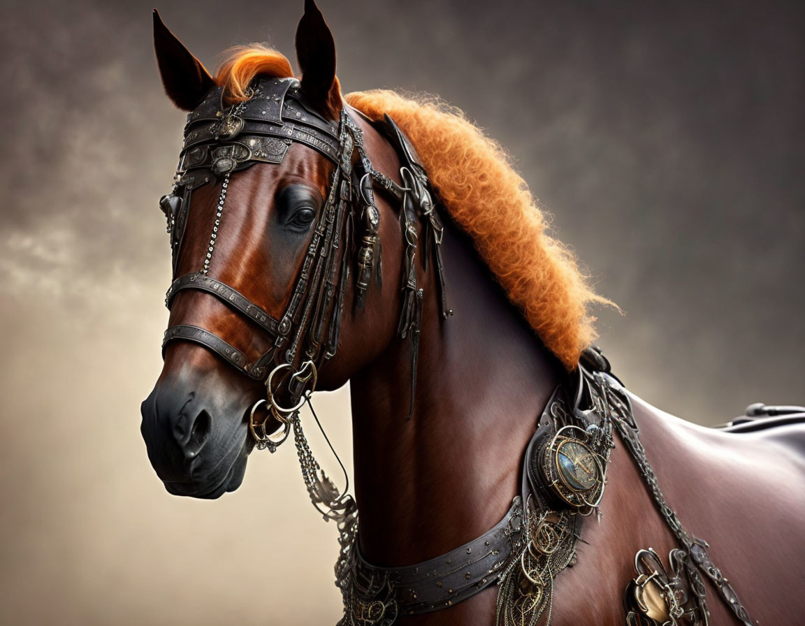 Brown horse with braided mane in ornate bridle and harness on cloudy background