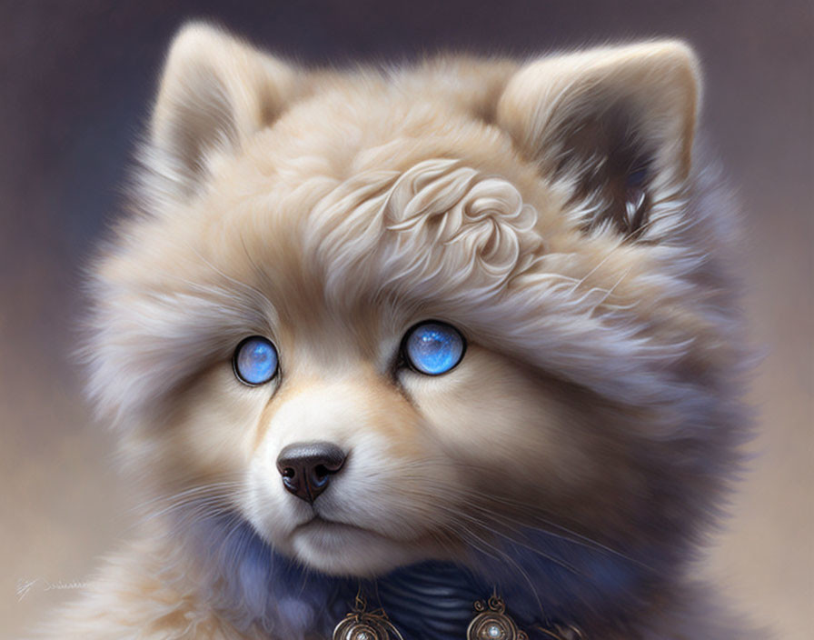 Fluffy Tan Dog with Blue Eyes and Rose Pattern Collar