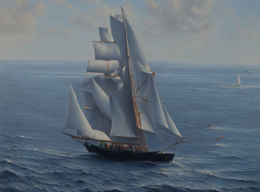 Tall ship with multiple sails gliding on blue ocean