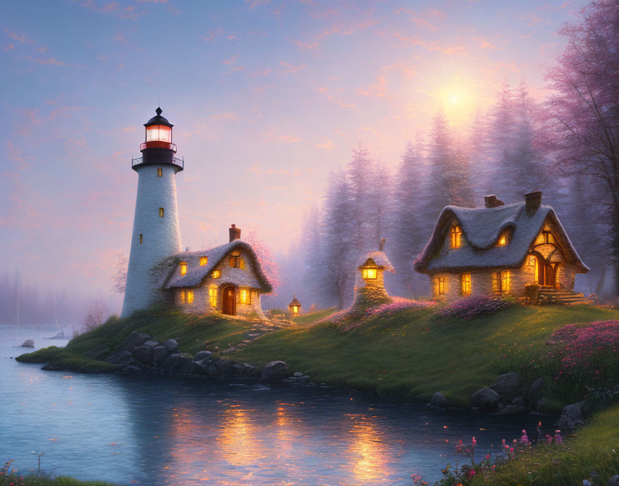 Lighthouse and cottage by water at sunset with trees and pink flowers