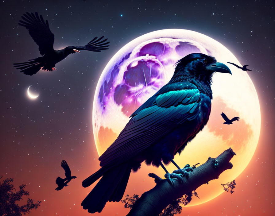 Raven perched on branch under moonlit night sky