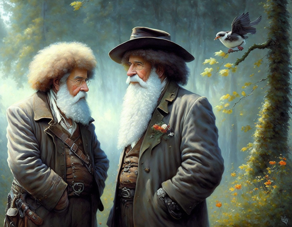 Elderly men in 19th-century attire conversing in forest with bird nearby