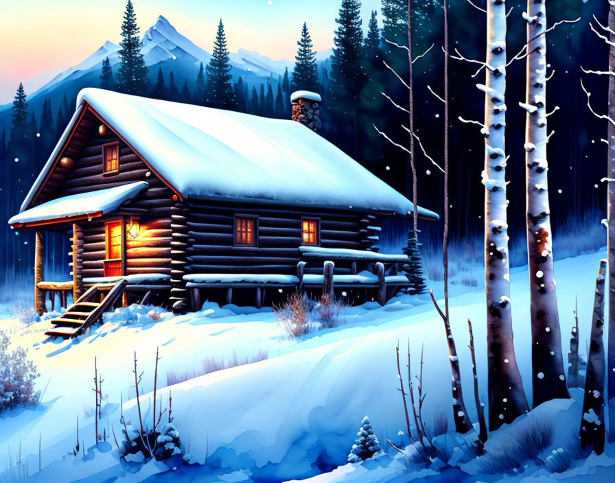 Snowy landscape: Cozy log cabin with glowing windows at twilight