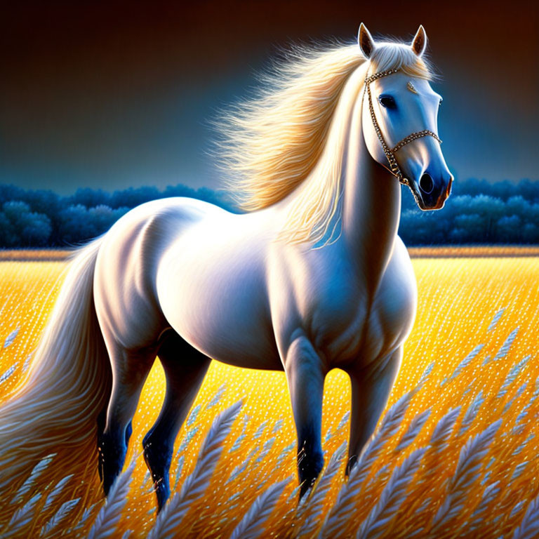 Majestic white horse in golden field at twilight