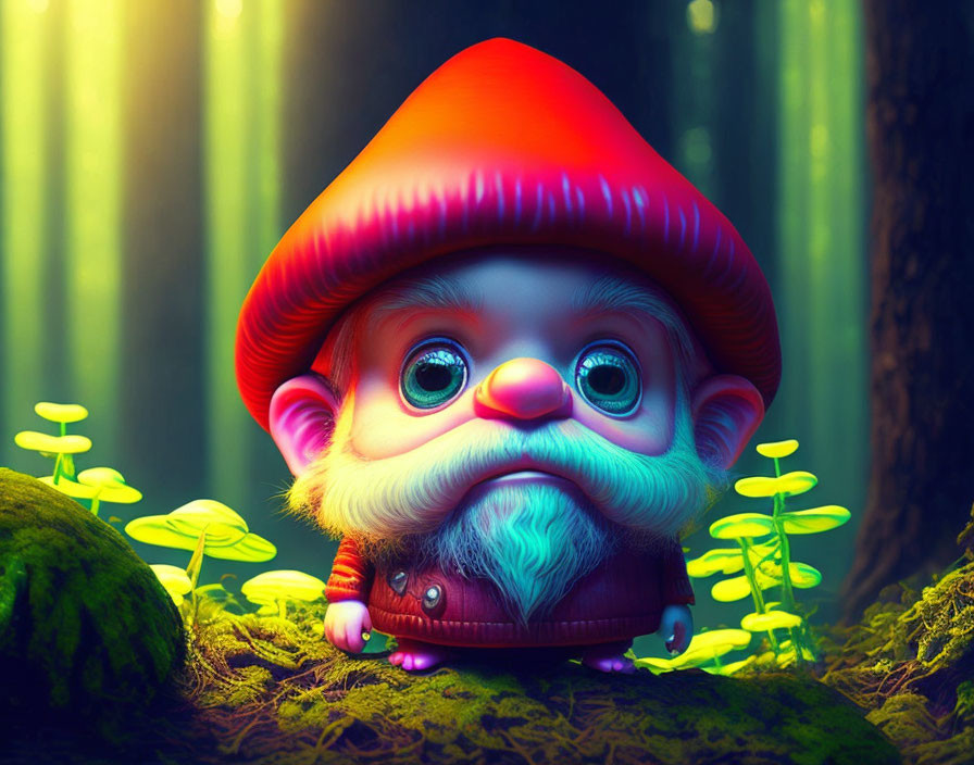 Whimsical gnome with red hat in enchanted forest