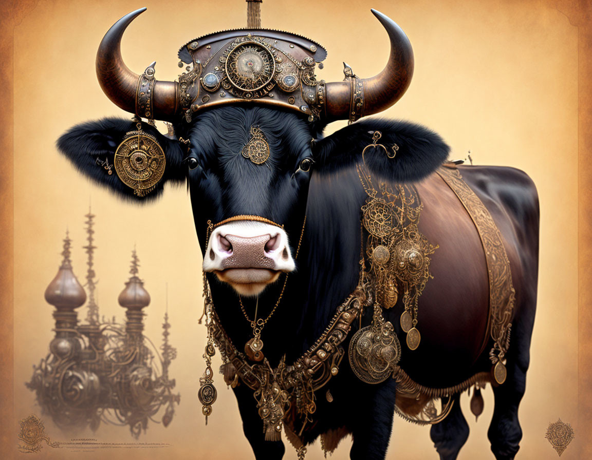 Fantasy bull with ornate jewelry and metallic decorations on warm-toned background