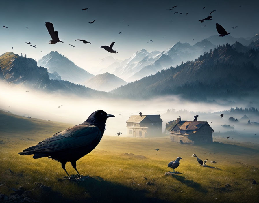 Misty mountain landscape with blackbird, houses, birds, and grazing animals