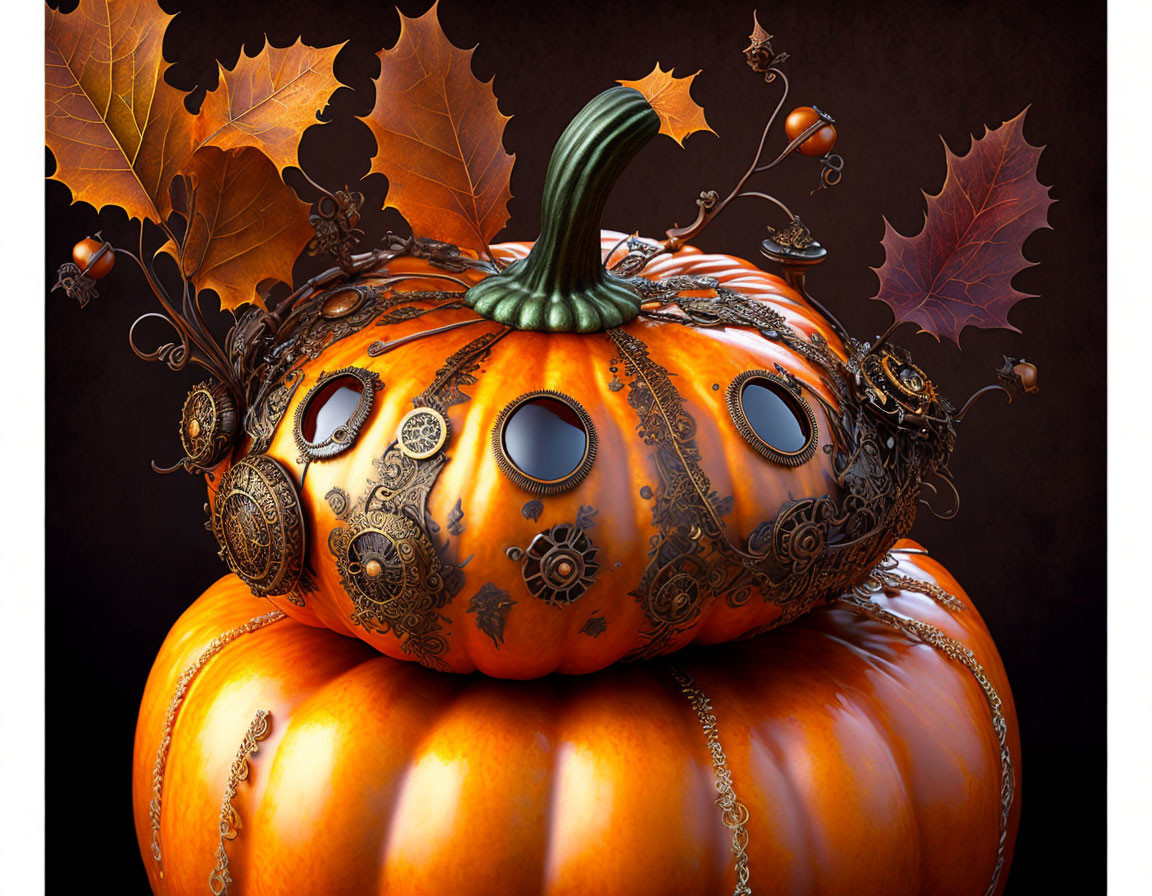 Steampunk-inspired pumpkin with metal gears on autumn backdrop